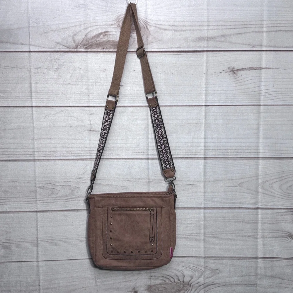 Unionbay Brown Faux Leather Studded Crossbody Bag with‎ Embroidered Strap Womens